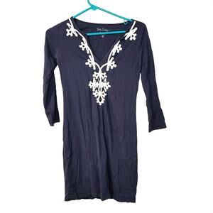Lilly Pulitzer Size XXS 100% Pima Cotton Navy Blue White Embroidered Dress Marin